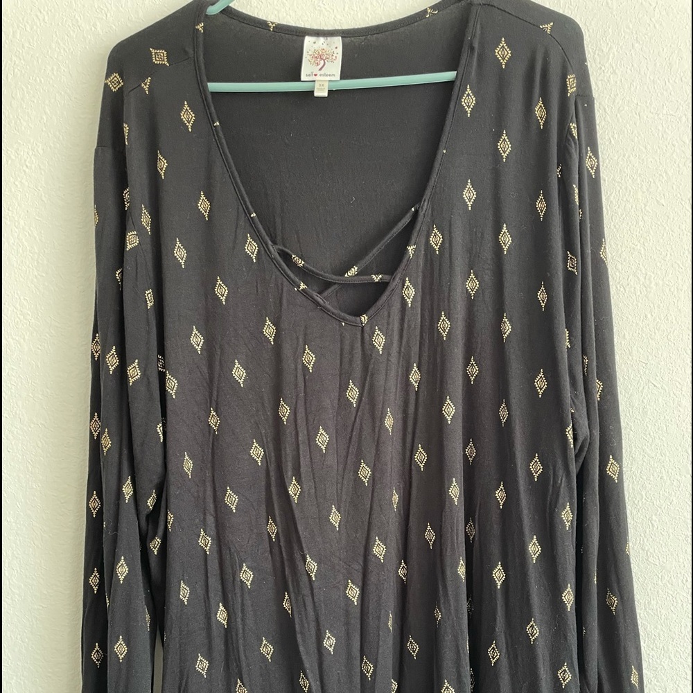 Self Esteem Black Long Sleeve Top with Gold Accents